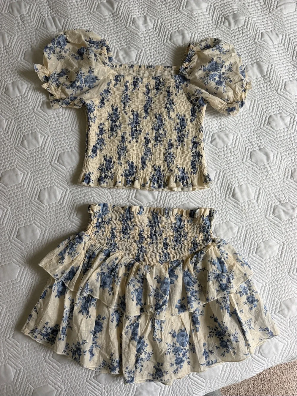 Kids Floral Smocked Matching Set in Cream and Blue